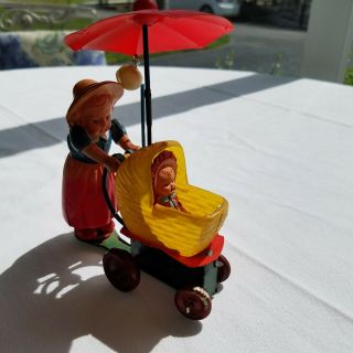 Vintage Wind - Up Celluloid Japan Toy Lady W/baby In Stroller Signed Ok In Diamond