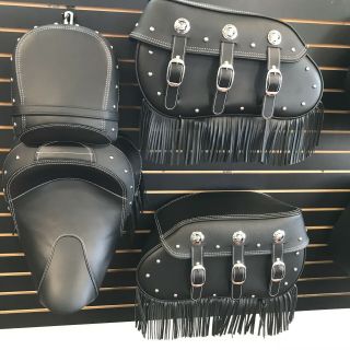 Indian Vintage Black Leather Saddle Bags And Seat