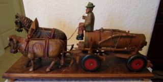 Vintage Wooden Hand Carved Horse Drawn Beer Water Wagon Driver Signed Folk Art