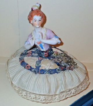 Vintage Germany Porcelain Flapper Half Doll Pin Cushion 7 3/4 " Tall