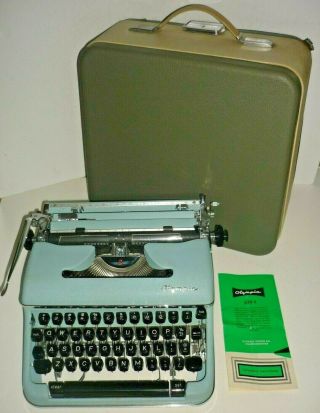 Vtg Olympia Sm4 Signature " S " Cursive Blue Typewriter,  Case & Instructions