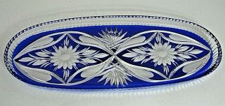 Serving Tray Centerpiece Cobalt Cut To Clear Crystal Daisy & Fan 17 " L Rare Vtg