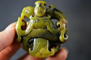 Delicate Chinese Old Jade Carved People/dragon/phoenix Amulet Pendant H81