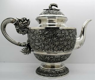Chinese Export silver 3 piece DRAGON HANDLED TEA SET.  Gemwo 1890.  1,  771 GRAMS 12