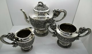 Chinese Export silver 3 piece DRAGON HANDLED TEA SET.  Gemwo 1890.  1,  771 GRAMS 2