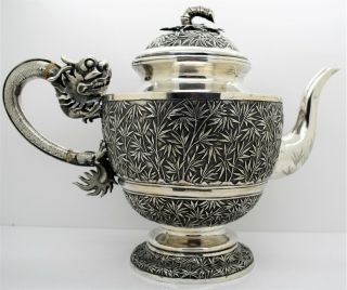 Chinese Export silver 3 piece DRAGON HANDLED TEA SET.  Gemwo 1890.  1,  771 GRAMS 3
