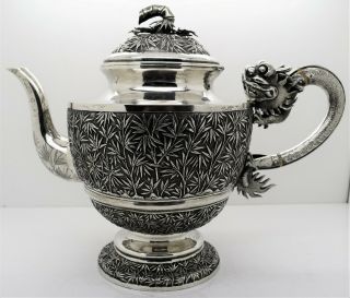 Chinese Export silver 3 piece DRAGON HANDLED TEA SET.  Gemwo 1890.  1,  771 GRAMS 4
