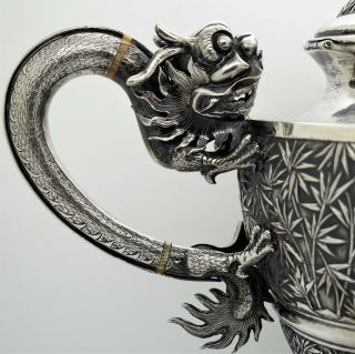 Chinese Export silver 3 piece DRAGON HANDLED TEA SET.  Gemwo 1890.  1,  771 GRAMS 6
