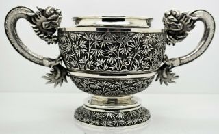 Chinese Export silver 3 piece DRAGON HANDLED TEA SET.  Gemwo 1890.  1,  771 GRAMS 7