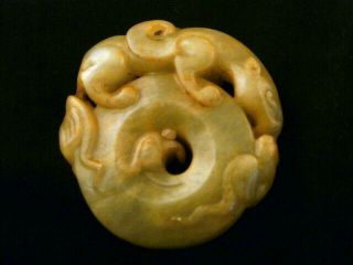 Rare Chinese Old Jade Hand Carved Dragon Bi Pendant H212
