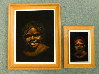 P15 Kitsch Australian Aboriginal Portrait Paintings On Black Velvet Australiana