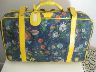 Rare Vintage Gucci Spring Summer Floral Suitcase Bright Yellow Leather Trim