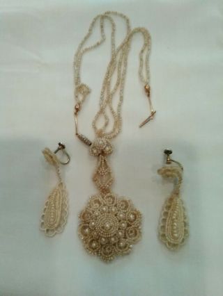 Fabulous Antique Seed Pearl Necklace And Earrings