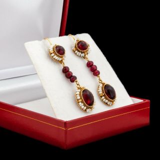 Antique Vintage Nouveau 18k Gold Iberian Spanish Almandine Garnet Pearl Earrings