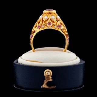 Antique Vintage Nouveau 18k 22k Gold Mughal India Ruby Pearl Wedding Ring Sz 5.  5
