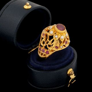 Antique Vintage Nouveau 18k 22k Gold Mughal India Ruby Pearl Wedding Ring Sz 5.  5 2