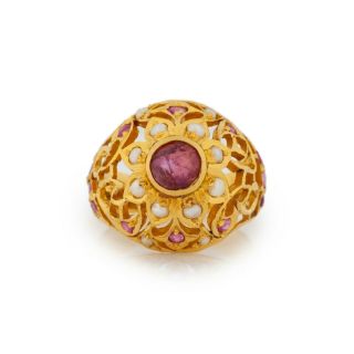 Antique Vintage Nouveau 18k 22k Gold Mughal India Ruby Pearl Wedding Ring Sz 5.  5 3