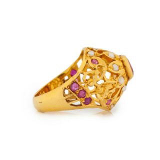 Antique Vintage Nouveau 18k 22k Gold Mughal India Ruby Pearl Wedding Ring Sz 5.  5 4