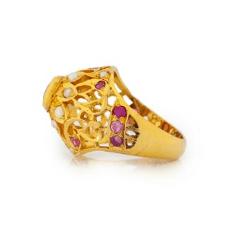 Antique Vintage Nouveau 18k 22k Gold Mughal India Ruby Pearl Wedding Ring Sz 5.  5 6