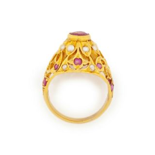 Antique Vintage Nouveau 18k 22k Gold Mughal India Ruby Pearl Wedding Ring Sz 5.  5 7
