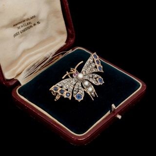 Antique Vintage Nouveau 9k 10k Rose Gold Diamond Sapphire Pearl Ruby Pin Brooch