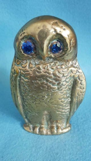 Antique 19th Century Cast Brass Figural Owl Taper/spill Holder W Blue Glass Eyes