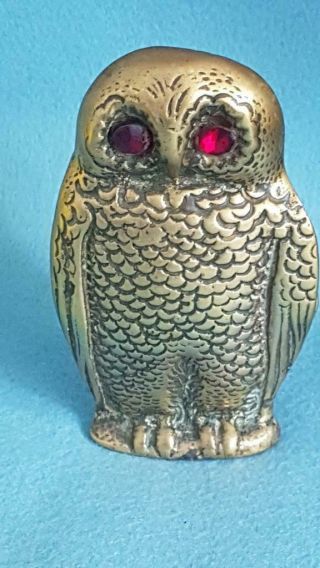 C19th Antique Cast Brass Figural Owl Taper/spill Holder W Red Glass Eyes