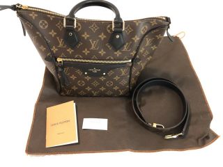 Rare Auth Louis Vuitton Brown Monogram And Black Leather Handbag And Strap