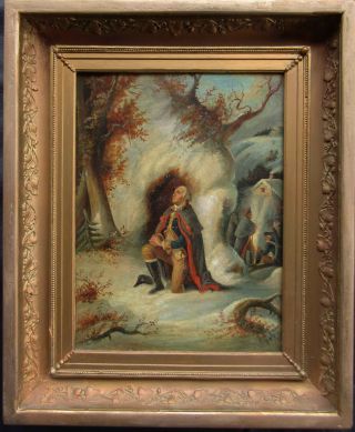 George Washington In Prayer At Valley Forge Old Antique 19th C.  Oil Painting Nr