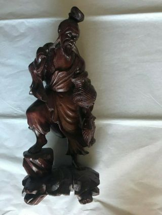Vintage Asian Wood Carving of Fisherman with Catch 2