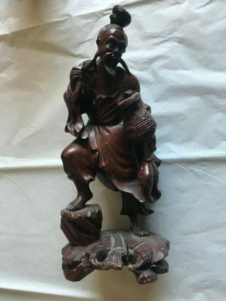 Vintage Asian Wood Carving of Fisherman with Catch 3