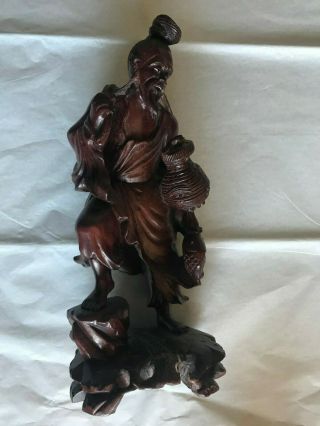 Vintage Asian Wood Carving of Fisherman with Catch 7