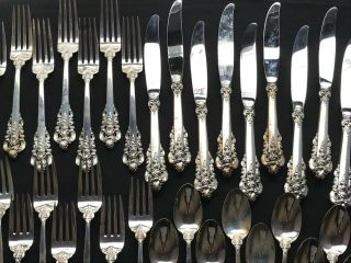 93pcs Wallace Grand Baroque Sterling Silver Flatware Svc 12,  5067 grms Not Scrap 6