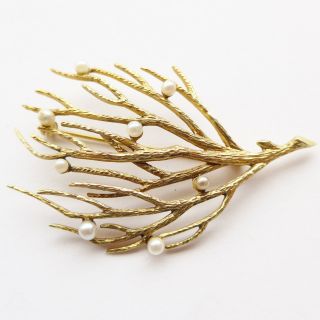 Unusual Mid - Centurytextured 9ct Gold Pearl Brooch In Form Of A Sea Coral Branch