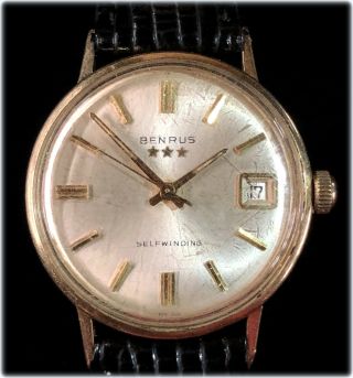 Vintage 1960 ' s Benrus 14K Gold 3 Star Date Self Winding Mens Wrist Watch 3