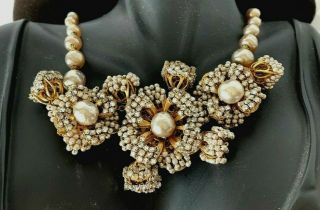 Vintage Miriam Haskell Floral Baroque Pearls Rhinestone Necklace 14” Long