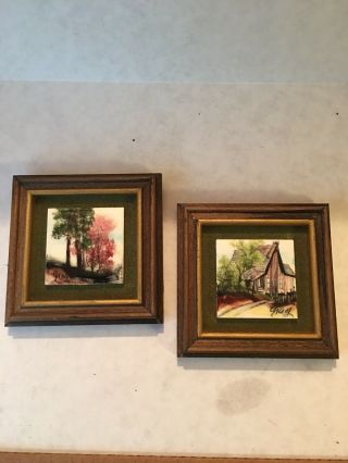 Two Vintage 1970s Clyde E Gray Hand Painted Framed Tiles
