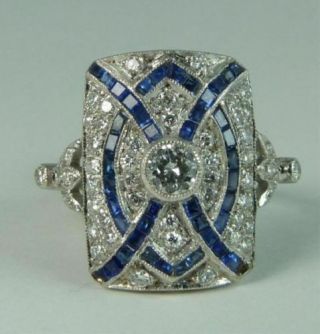 Art Deco Blue Sapphire Diamond Vintage Engagement Wedding Ring 14k White Gold