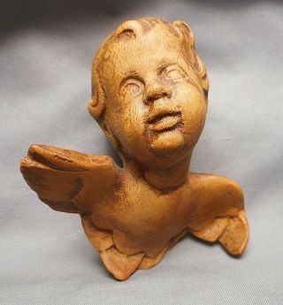 Small Old European Hand Carved Natural Wood Winged Cherub Or Cupid Head