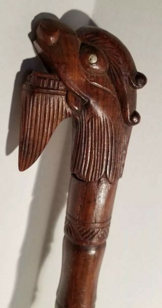 Vtg Hand Carved Wood Short Walking Stick Cane w Bearded Dragon Dog Head Japan 3