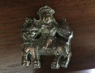Old Antique Chinese Copper Charm,  Pendant Man Riding A Mystical Foo Dog? Dragon?