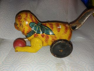 Vintage Marx Toy Cat Tin Litho W/ Wood Red Ball Tail Wind Up 1940 