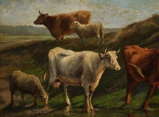 Fine 19th Century Antique Oil on Panel Painting | Cattle & Sheep in a Landscape 8