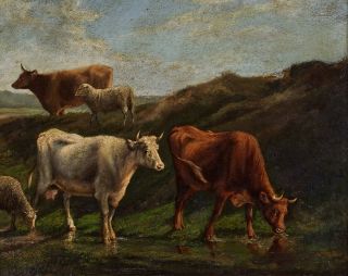 Fine 19th Century Antique Oil on Panel Painting | Cattle & Sheep in a Landscape 9
