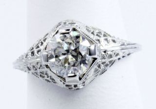 1 Carat Vintage Style Filigree Diamond Ring 18K White Gold Size 5 3
