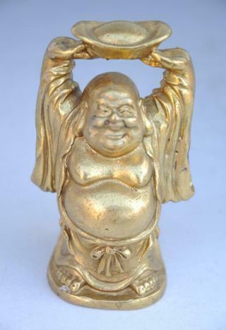 Old Chinese Copper Wealth Yuanbao Coin Maitreya Monk Buddha Statue B02