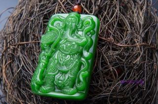 Natural Green Hand - Carved Chinese Hetian Jade Guan Yu Pendant,  Rope Necklace