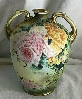Nippon Antique Linen Pattern Hand Painted Pink & Yellow Roses Double Handled