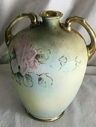 Nippon Antique Linen Pattern Hand Painted Pink & Yellow Roses Double Handled 4