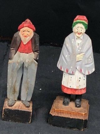 Carved Wood Figures Of Fisherman And His Wife Early Mid 1900s Era 4 1/2